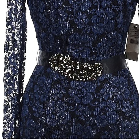 NWT Adriana Papell Navy Lace Overlay Jeweled Belted Formal Dress Gown Size 6 - Picture 6 of 13